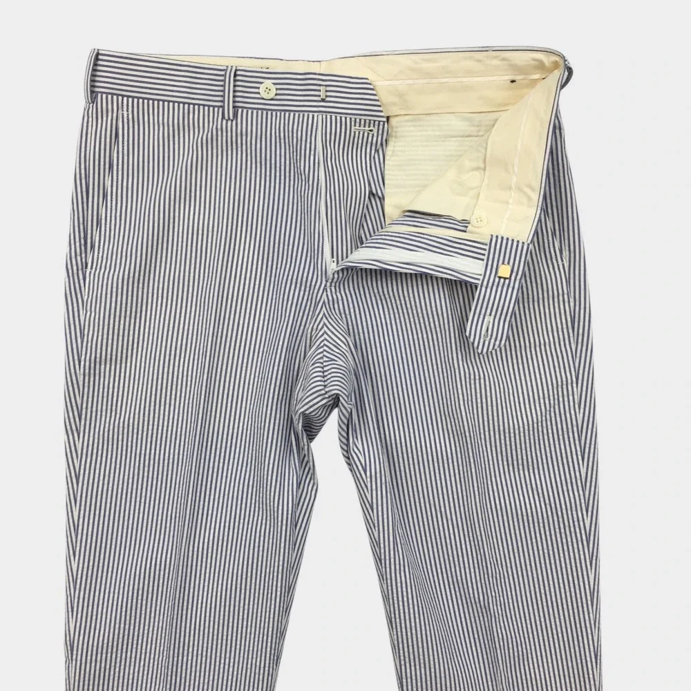 Brooks Brothers Milano Fit Seersucker Pants Mens 34 Blue White Striped Cotton